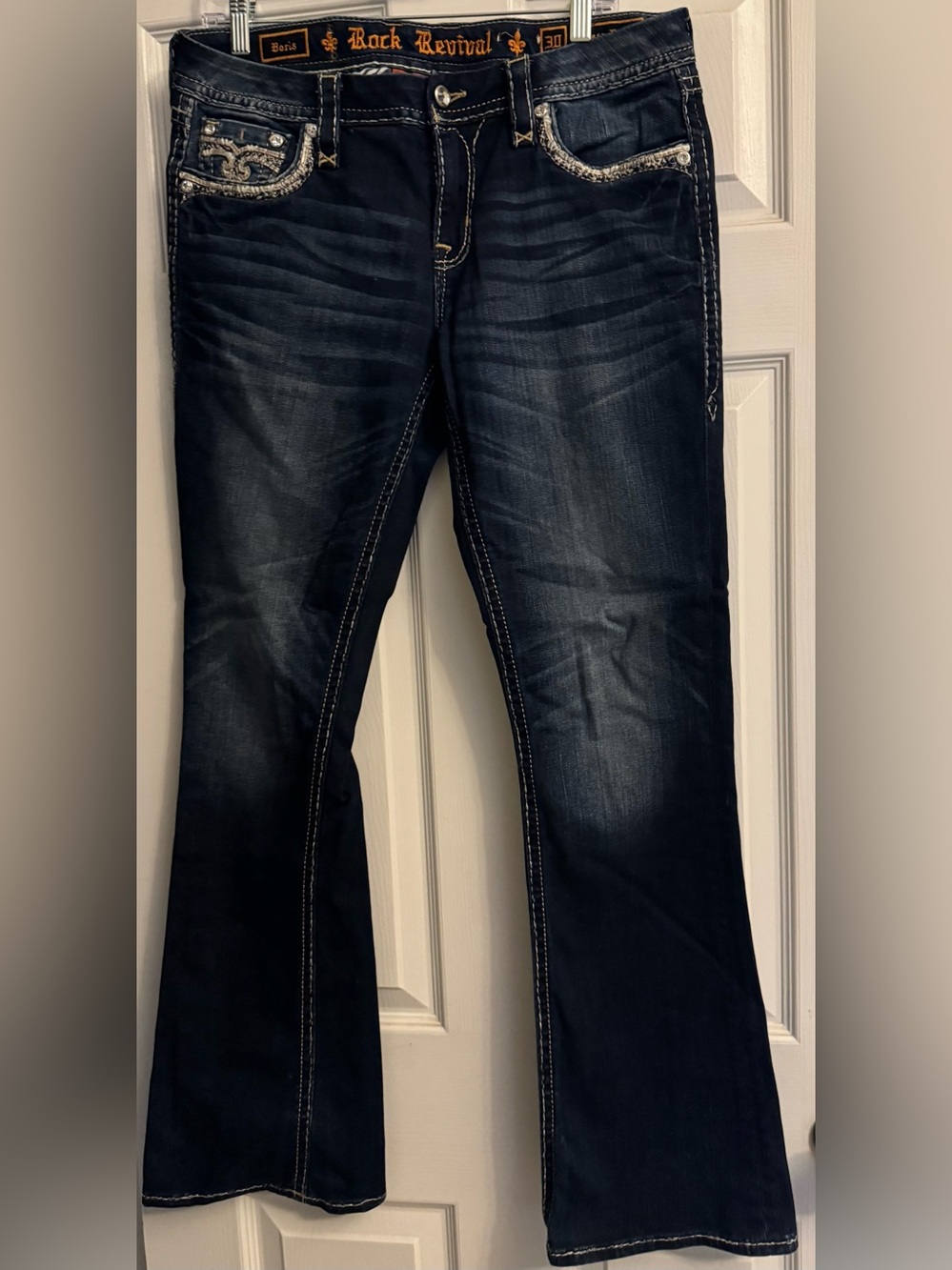 Rock Revival Dark Blue Boot Cut Jeans with Contrasting Stitch